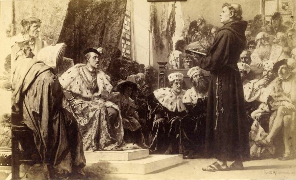 Martin Luther inför kejsaren vid riksdagen i Worms. (Teckning av Ernst Wilhelm Hildebrand, 1833–1924.)