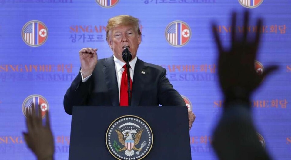 De kristna? Ja. Vi tog upp det, sa USA:s president Donald Trump under presskonferensen efter det historiska toppmötet med Nordkoreas diktator Kim Jong-Un. Foto: Evan Vucci / AP / TT