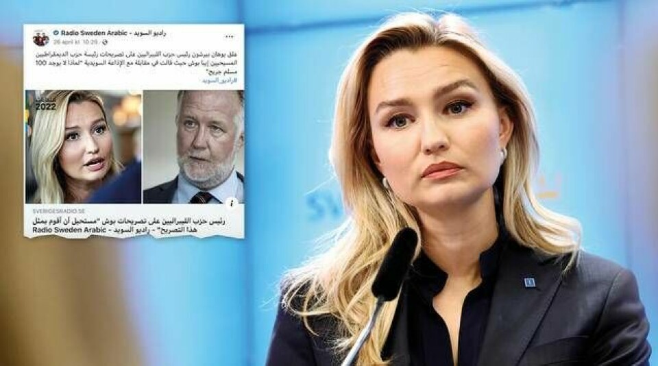 Ebba Busch blev felöversatt i Sveriges Radios arabiska kanal. Foto: Skärmdump & Stefan Jerrevång/TT