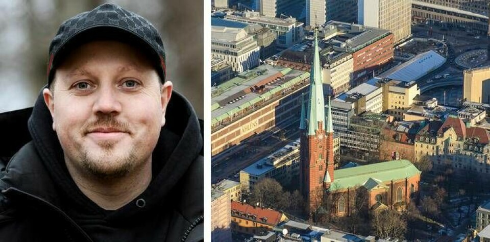 Sebastian Stakset talat på ett ekumeniskt ungdomsmöte i S:ta Clara kyrka i Stockholm den 18 maj.