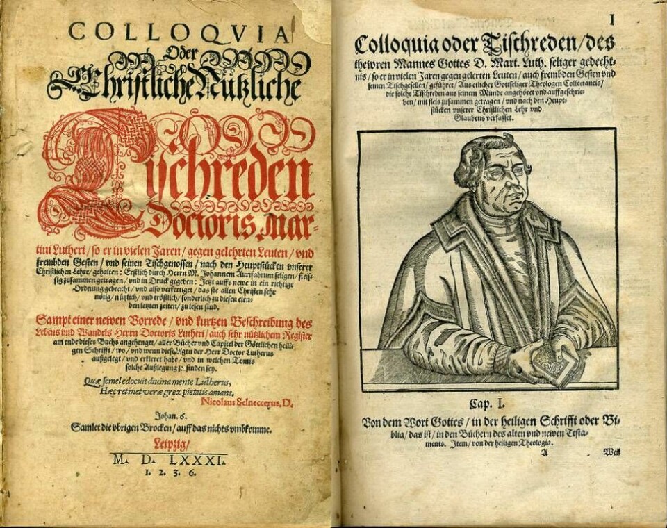 Titelsidan och porträtt från en utgåva av Martin Luthers tyska skrifter utgivna 1581. Foto: Wikipedia