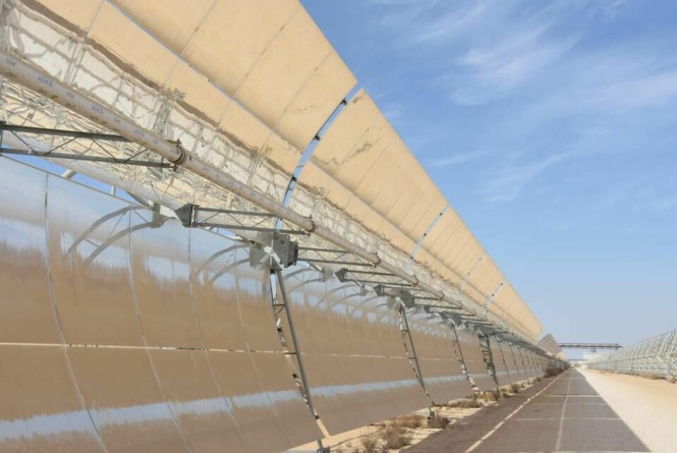 På Negev Energy's anläggning finns inga solcellspaneler, utan snarare långa rader med parabolformade speglar, som koncentrerar solstrålarna mot oljefyllda rör. Oljan värmer upp vatten, vars ånga i sin tur driver turbiner som genererar el. Foto: Kenneth Fjell Rasmussen