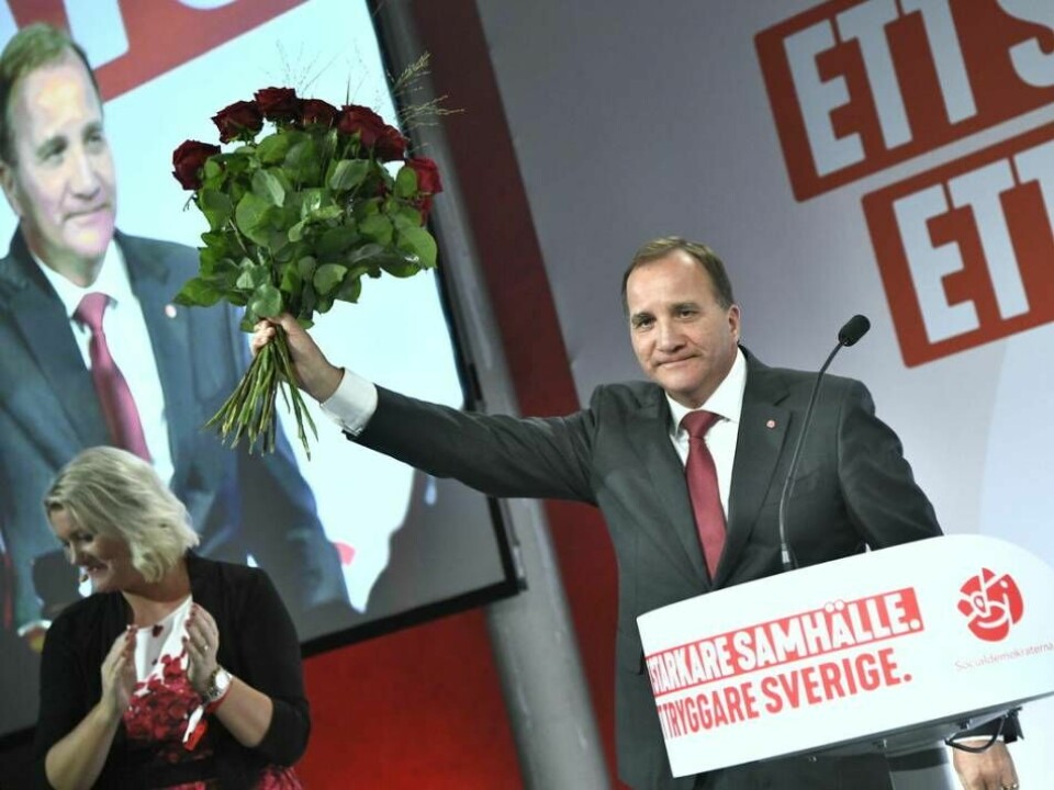 Socialdemokraternas partiledare Stefan Löfven (S) talar vid partiet valvaka på söndagen. Foto: Claudio Bresciani/TT