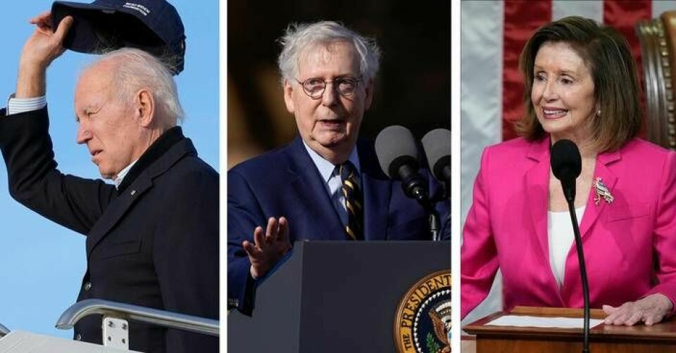 De amerikanska politikerna (fr v) Joe Biden, Mitch McConnell och Nancy Pelosi är alla över 80 år. Foto: Susan Walsh, Patrick Semansky & Andrew Harnik/AP/TT