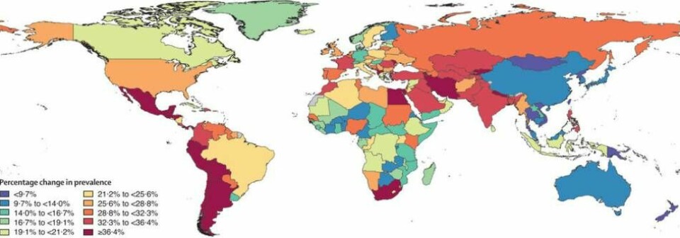 Ångesten har ökat i världens länder under coronapandemin, enligt en studie. De röda områdena har sett den största ökningen. De blå länderna har sett den minsta.