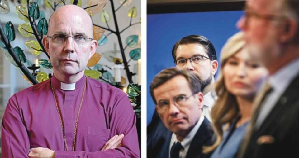 Växjöbiskopen Fredrik Modéus (t v) borde vara neutral och inte angripa högerpartiernas politik, anser vissa. Foto: Charlotte Granrot Frenberg och Stina Stjernkvist/SvD/TT