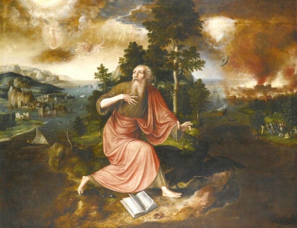 Målning från 1563 av den flamländsk renässansmålare Jan Matsys (1510–1575). Den föreställer evangelisten Johannes på ön Patmos där han enligt traditionen skrev ned Uppenbarelseboken. Målning från 1563 av den flamländsk renässansmålare Jan Matsys (1510–1575). Den föreställer evangelisten Johannes på ön Patmos där han enligt traditionen skrev ned Uppenbarelseboken.