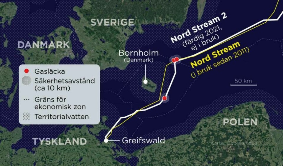 Kartan visar de tre läckorna på gasledningen Nord Stream och Nord Stream 2.