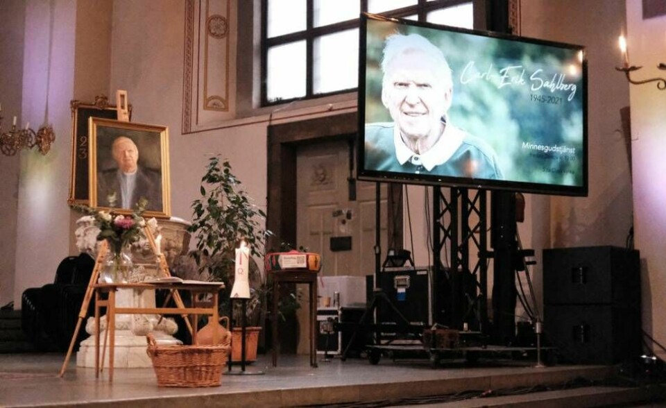 I fredags hölls en minnesgudstjänst för Carl-Erik Sahlberg i S:ta Clara kyrka. Gudstjänsten innehöll bland annat sång, avsked och tal. Foto: Jakob Arvidsson
