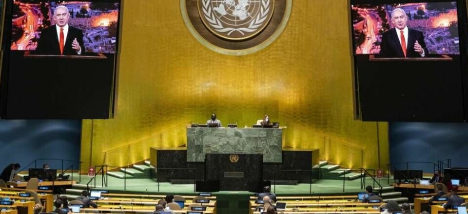 Sedan 2015 har FN:s generalförsamling lagt fram 96 fördömande resolutioner mot Israel. Sverige har röstat för 80 procent av dessa, och lagt ner sin röst i övriga 20 procent av fallen. (Bild från när Israels premiärminister Benjamin Netanyahu talar till generalförsamlingen i september 2020.)
