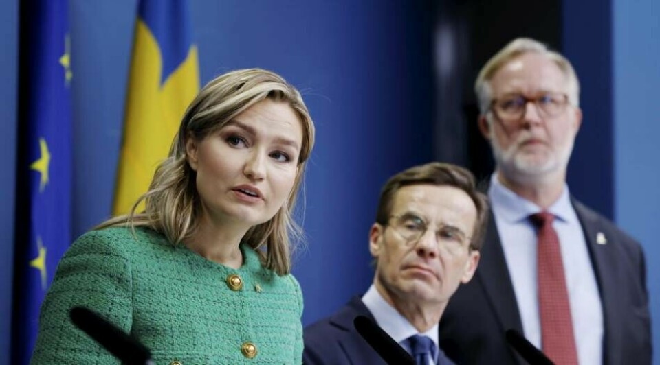 Energi- och näringsminister Ebba Busch (KD), statsminister Ulf Kristersson (M) samt arbetsmarknads- och integrationsminister Johan Pehrson (L).