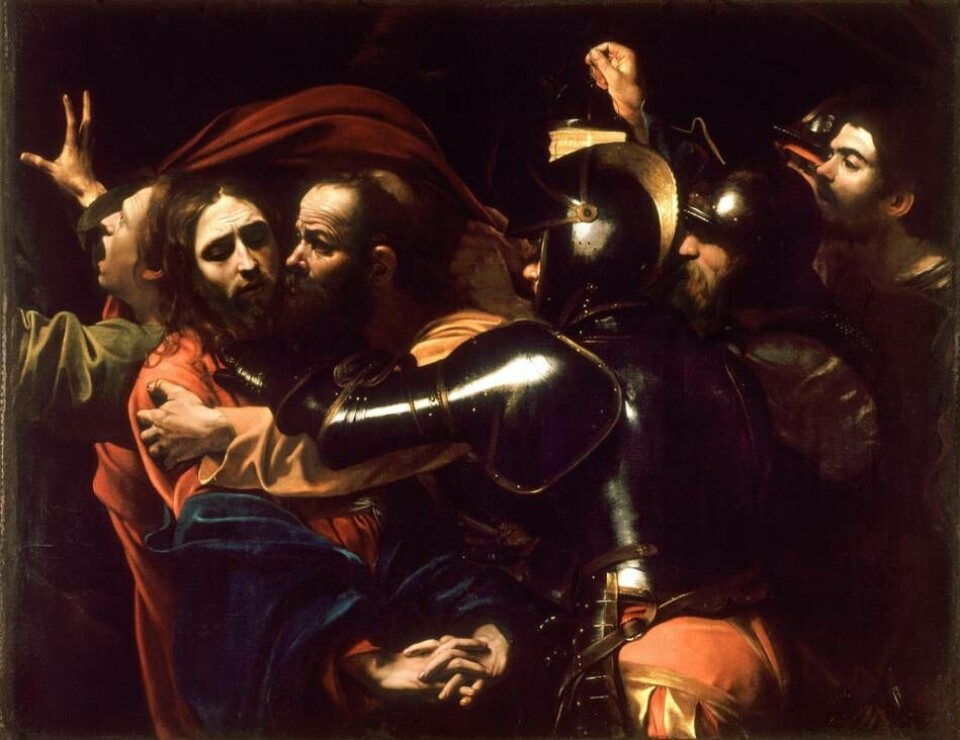 Judaskyssen, målning av Caravaggio (ca år 1602). Judaskyssen, målning av Caravaggio (ca år 1602).