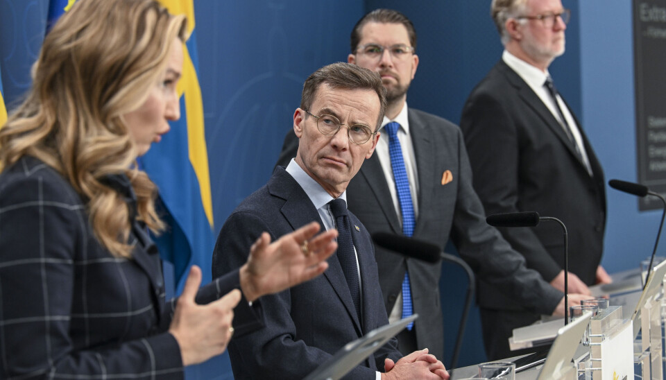 STOCKHOLM, SVERIGE 20240304Statsminister Ulf Kristersson (M), näringsminister Ebba Busch (KD) och arbetsmarknads- och integrationsminister Johan Pehrson (L) samt Sverigedemokraternas partiledare Jimmie Åkesson (SD) under pressträff om vårändringsbudgeten.Foto: Fredrik Sandberg / TT / Kod 10080