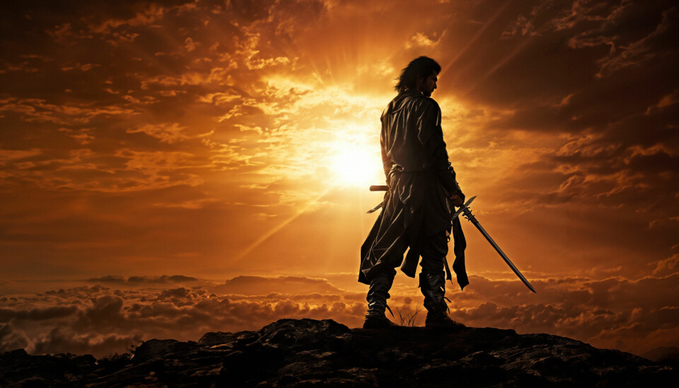Man with sword silhouetted on the side of land stock photo, in the style of spiritualcore, golden light, timeless grace, movie still, canon 7, fantasy --ar 51:64 --stylize 250 --v 5.2 Job ID: e362a027-3223-4f01-beca-4f4f55779a30