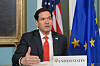 Secretary of State Marco Rubio, speaks during a Memorandum of Understanding signing ceremony with EU Commissioner for Trade and Economic Security Maros Sefcovic, at the State Department, Friday, April 24, 2026, in Washington. (AP Photo/Rod Lamkey, Jr.) DCRL108