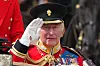 Britain's King Charles III salutes as he rides with Queen Camilla in a open top carriage during Trooping The Colour, the King's annual birthday parade, in London, Saturday, June 13, 2026. (AP Photo/Kirsty Wigglesworth) XAG109