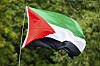 En palestinsk flagga svajar i vinden mot en bakgrund av gröna träd.