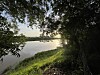 En lugn flod reflekterar solljuset, inramad av mörka lövträd och en solbelyst gräsmatta längs flodbanken.