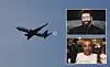 Ett passagerarflygplan i luften bredvid två infällda porträttbilder.